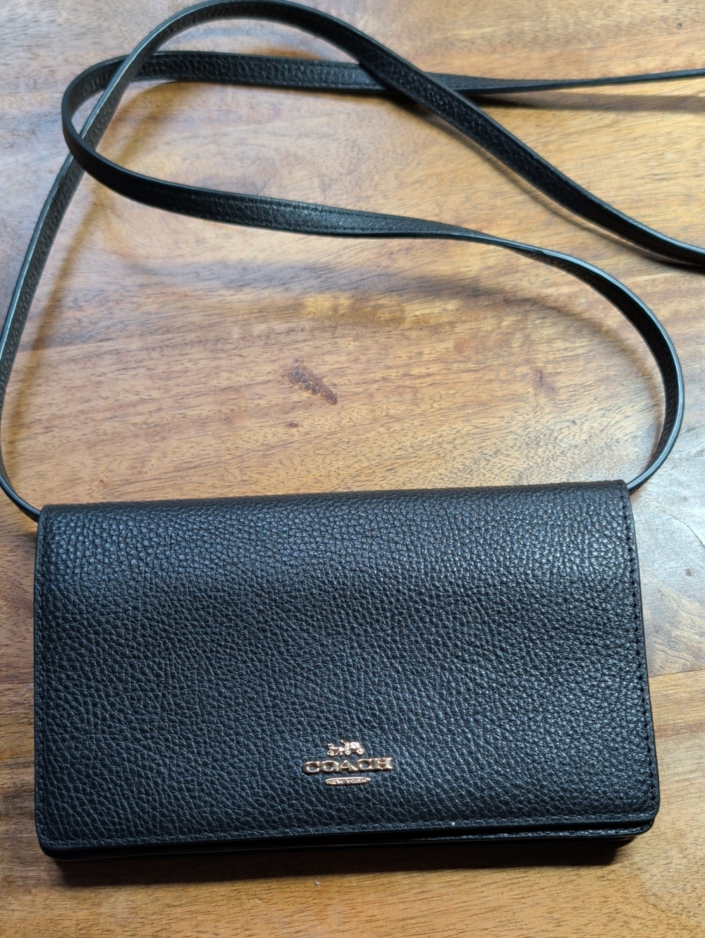 Coach Black Pebbled Leather Crossbody Wallet with Gold Logo